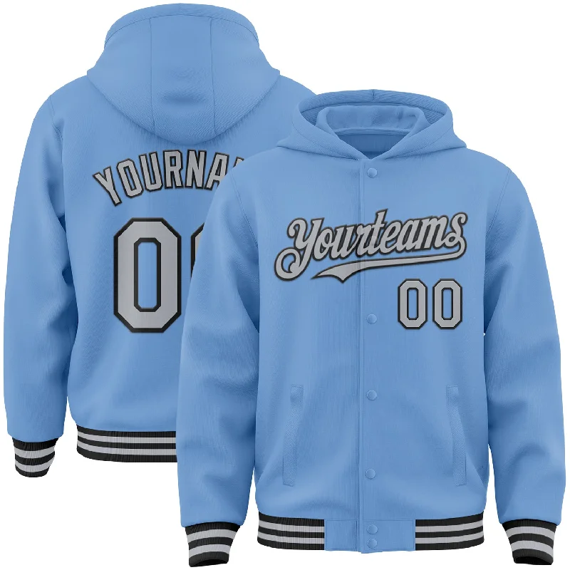 Zip-Up Hoodie for Easy on-the-Go Wear-Custom Light Blue Gray-Black Bomber Full-Snap Varsity Letterman Hoodie Jacket