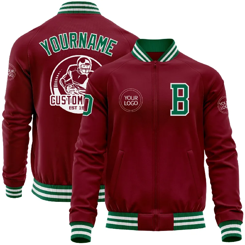 Stylish Checkered Jacket for Fashionable Outfits-Custom Crimson Kelly Green-White Bomber Varsity Letterman Zipper Jacket