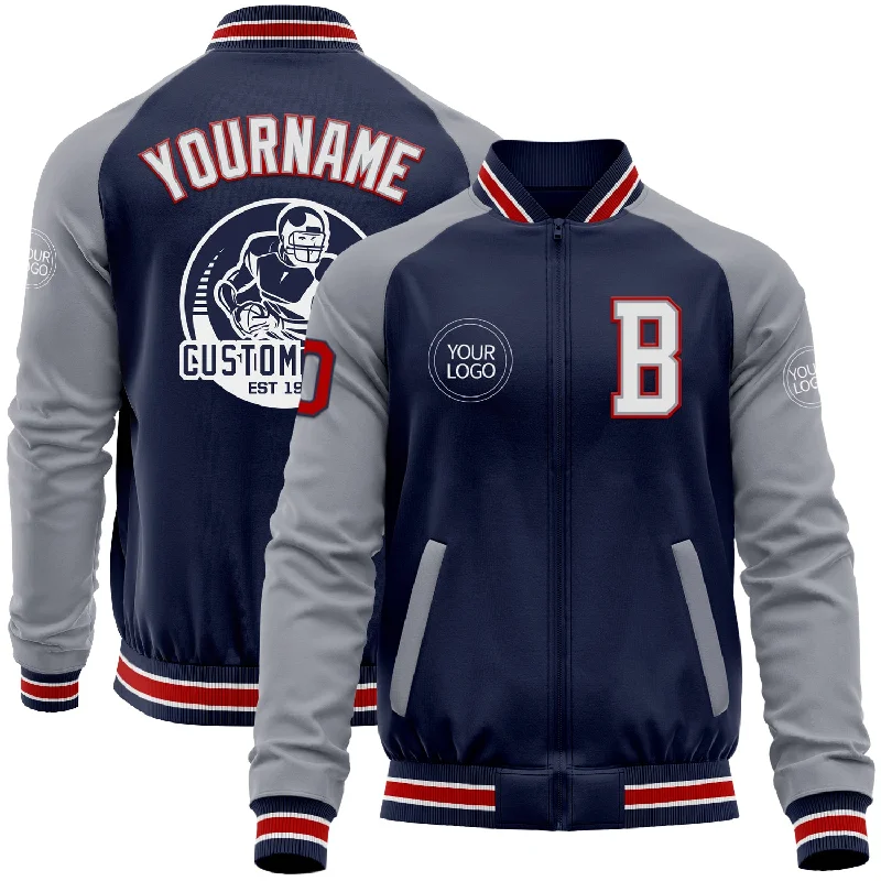 Adjustable Fit Jacket for Personalized Comfort-Custom Navy Gray-Red Bomber Varsity Letterman Two Tone Zipper Jacket