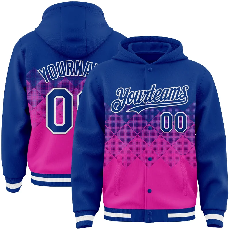 Oversized Pullover Hoodie for Casual Comfort-Custom Royal Deep Pink-White Gradient Square Shape 3D Pattern Design Bomber Full-Snap Varsity Letterman Hoodie Jacket