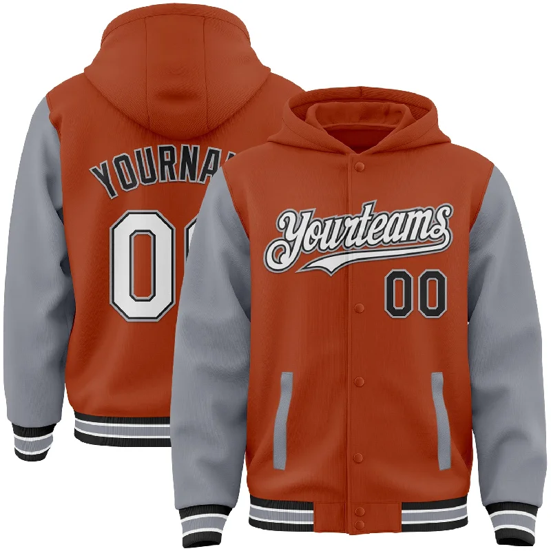 Graphic Hoodie for Bold and Fun Designs-Custom Texas Orange Black-Gray Bomber Full-Snap Varsity Letterman Two Tone Hoodie Jacket