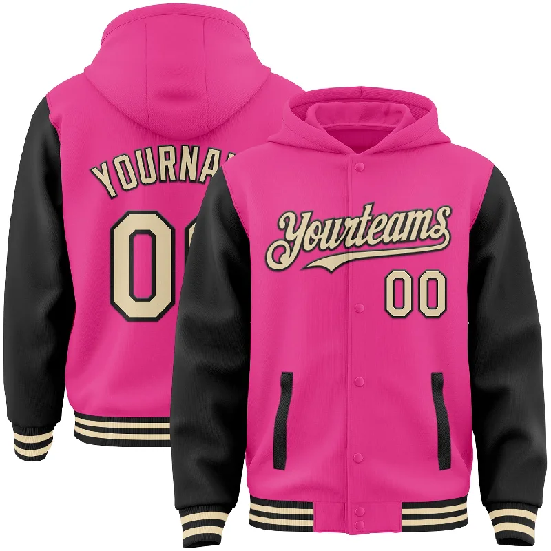 Customizable Hoodie for Personalized Apparel-Custom Pink Cream-Black Bomber Full-Snap Varsity Letterman Two Tone Hoodie Jacket