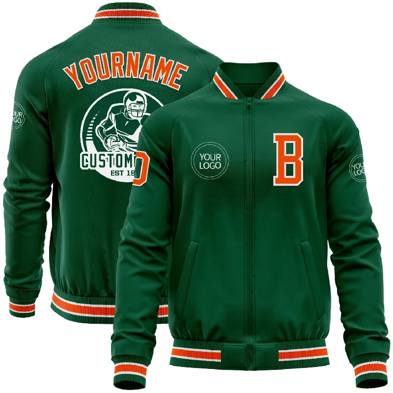 Casual Quilted Jacket for Everyday Wear-Custom Kelly Green Orange-White Bomber Varsity Letterman Zipper Jacket