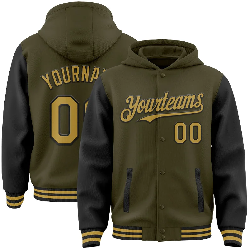 High-Performance Athletic Hoodie for Active Wear-Custom Olive Old Gold-Black Bomber Full-Snap Varsity Letterman Two Tone Salute To Service Hoodie Jacket