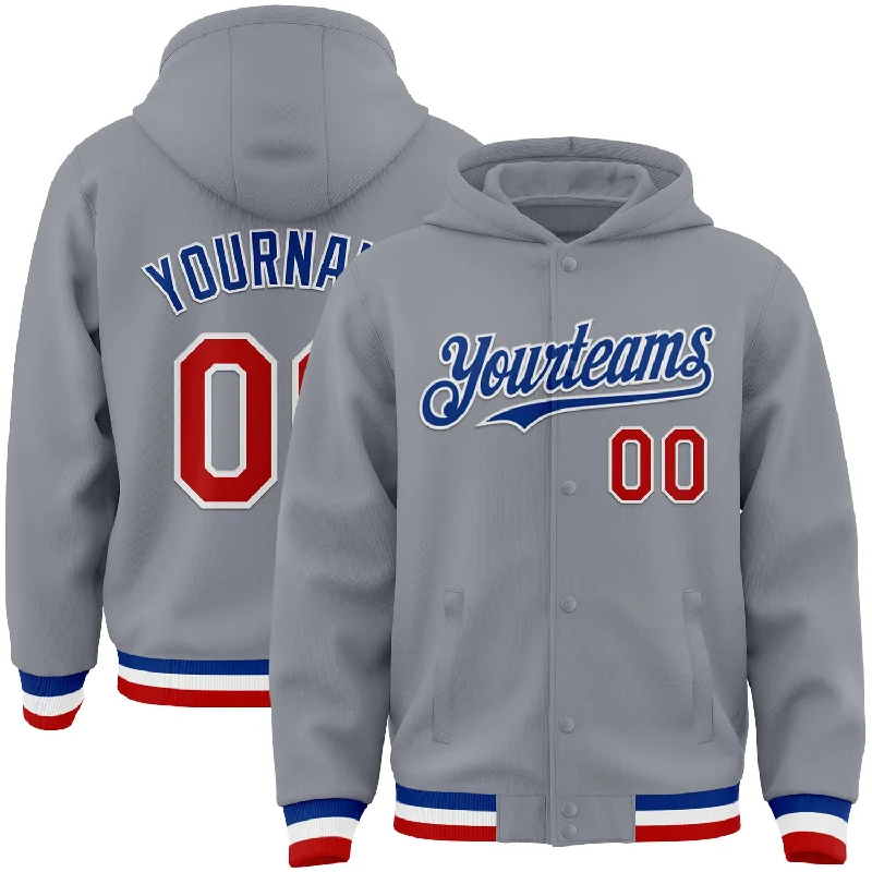 Youth Hoodie for Comfortable, Stylish Wear-Custom Gray Red-Royal Bomber Full-Snap Varsity Letterman Hoodie Jacket