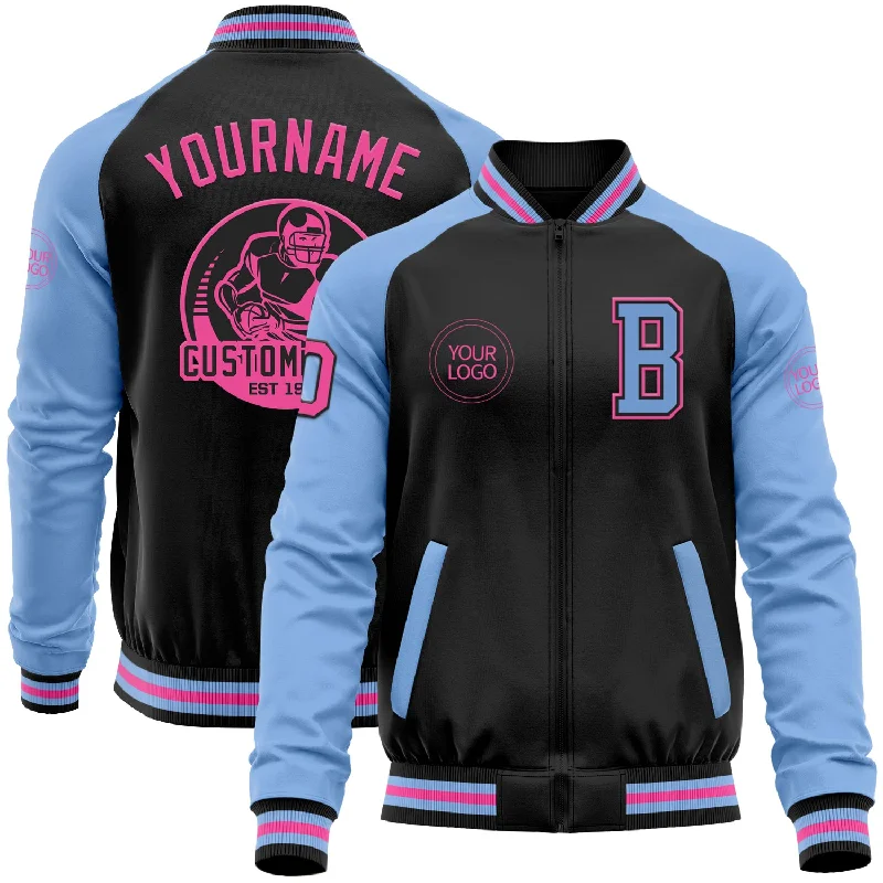 Stylish Green Army Jacket for Everyday Wear-Custom Black Pink-Light Blue Bomber Varsity Letterman Two Tone Zipper Jacket