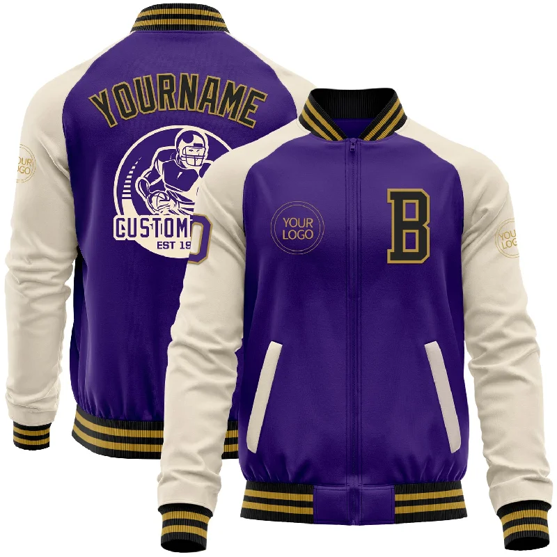 Snow Jacket for Skiing and Snowboarding-Custom Purple Black Old Gold-Cream Bomber Varsity Letterman Two Tone Zipper Jacket