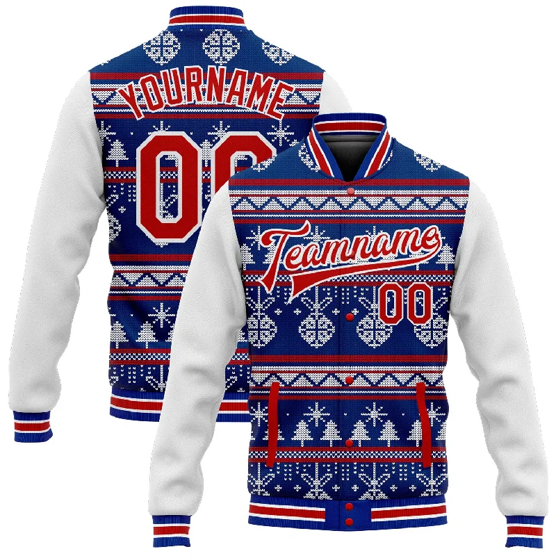 Breathable Jacket for Outdoor Activities-Custom Royal Red-White Christmas 3D Bomber Full-Snap Varsity Letterman Jacket