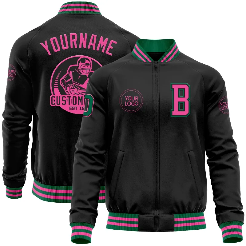 Stylish Green Army Jacket for Everyday Wear-Custom Black Pink-Kelly Green Bomber Varsity Letterman Zipper Jacket