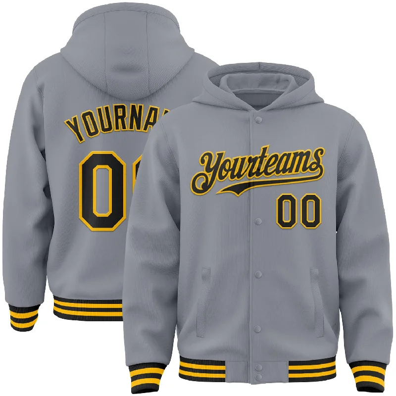 Warm Wool Hoodie for Cold Weather Protection-Custom Gray Black-Gold Bomber Full-Snap Varsity Letterman Hoodie Jacket