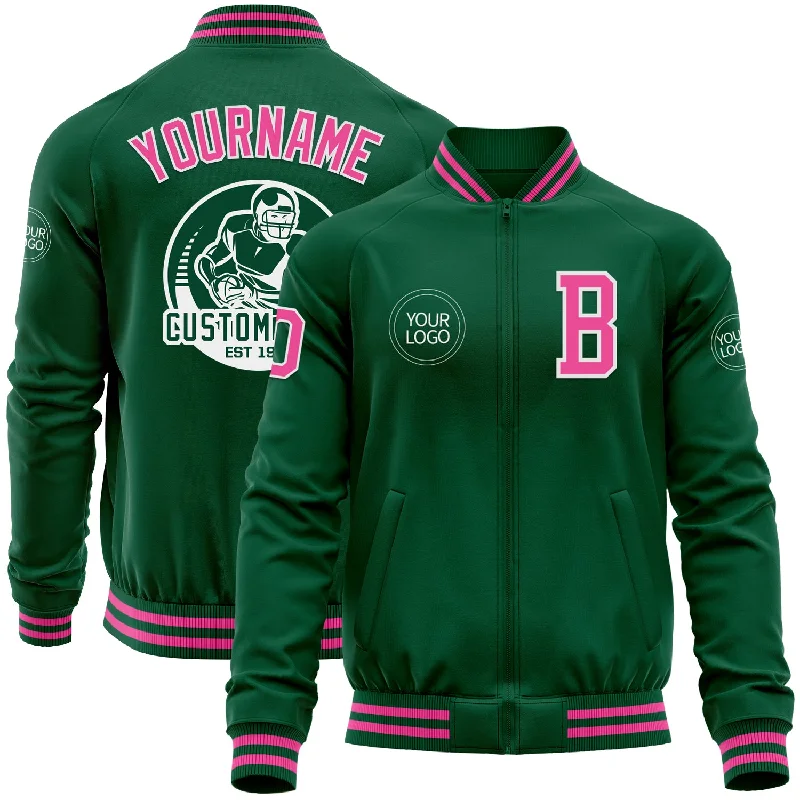 Stylish Green Army Jacket for Everyday Wear-Custom Kelly Green Pink-White Bomber Varsity Letterman Zipper Jacket