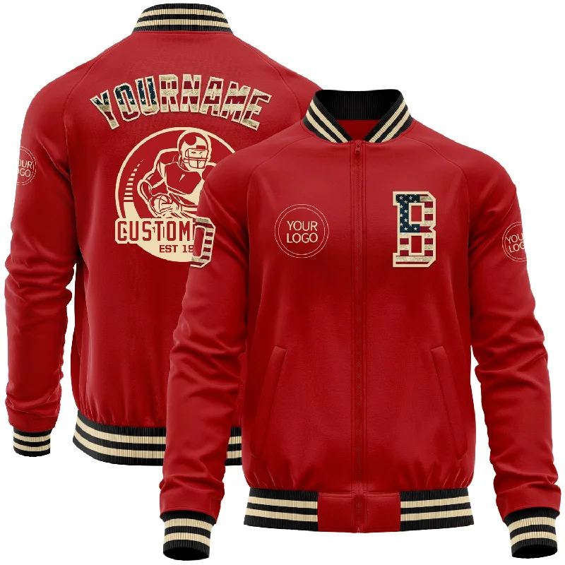 Casual Zip-Up Jacket for Easygoing Wear-Custom Red Vintage USA Flag Cream-Black Bomber Varsity Letterman Zipper Jacket