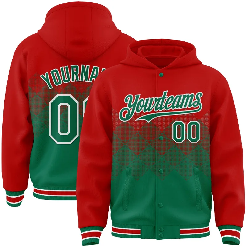 Hoodie with Front Pockets for Practical Wear-Custom Red Kelly Green-White Gradient Square Shape 3D Pattern Design Bomber Full-Snap Varsity Letterman Hoodie Jacket