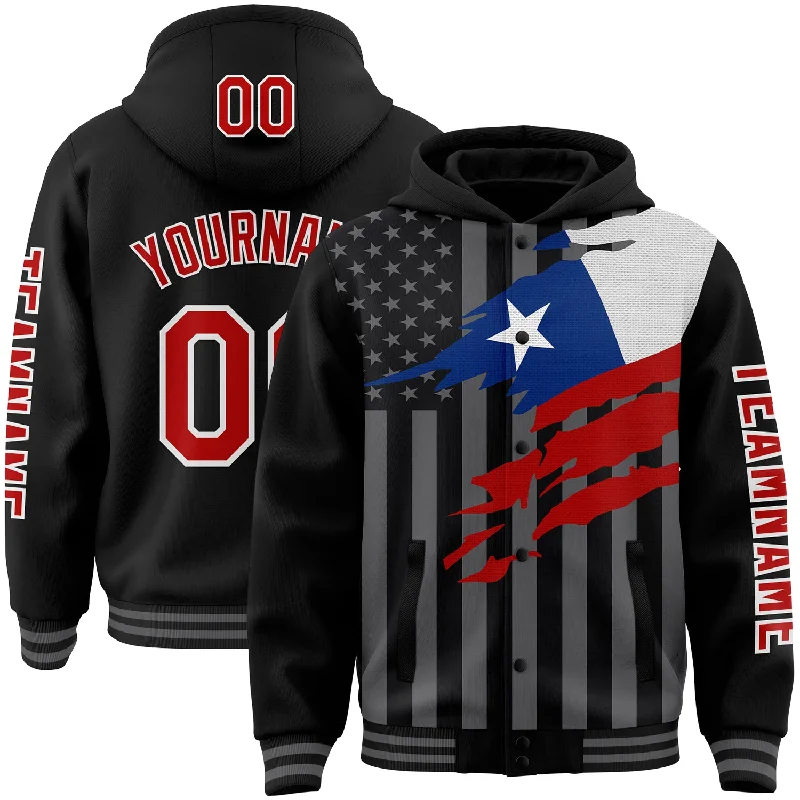 Classic Hoodie for Everyday Comfort-Custom Black Red-Gray Chile Chilean Flag 3D Bomber Full-Snap Varsity Letterman Hoodie Jacket