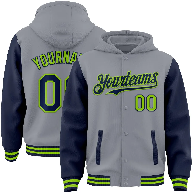 Classic Pullover Hoodie for Everyday Casual-Custom Gray Navy-Neon Green Bomber Full-Snap Varsity Letterman Two Tone Hoodie Jacket