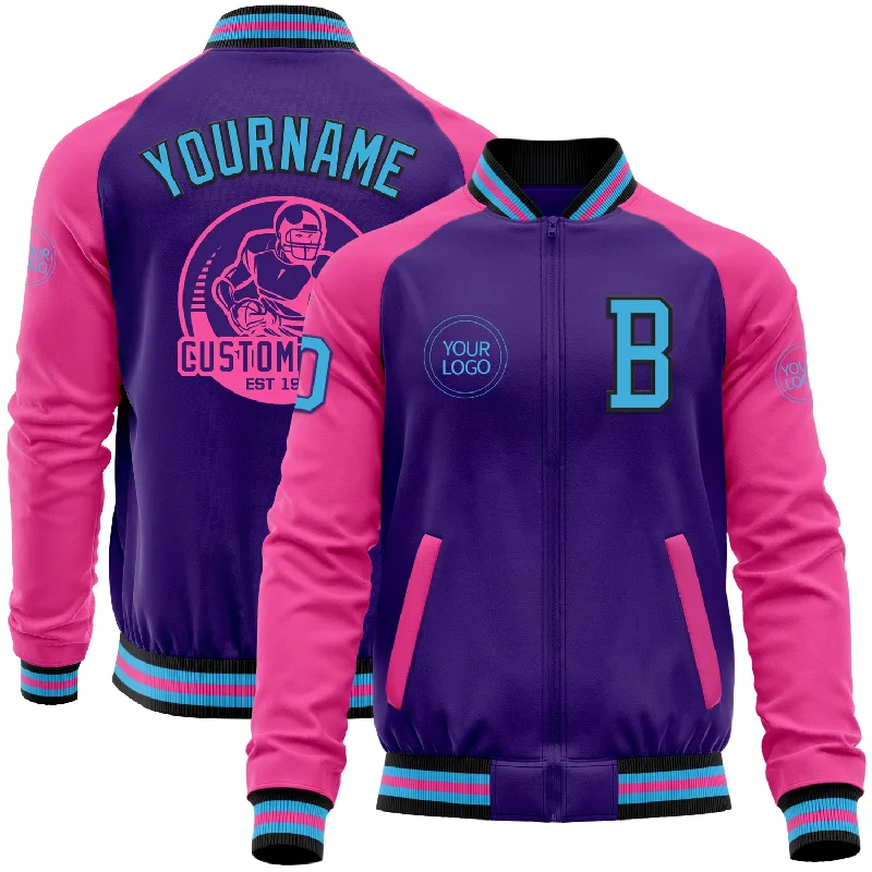 Vintage Leather Motorcycle Jacket for Classic Look-Custom Purple Sky Blue Black-Pink Bomber Varsity Letterman Two Tone Zipper Jacket