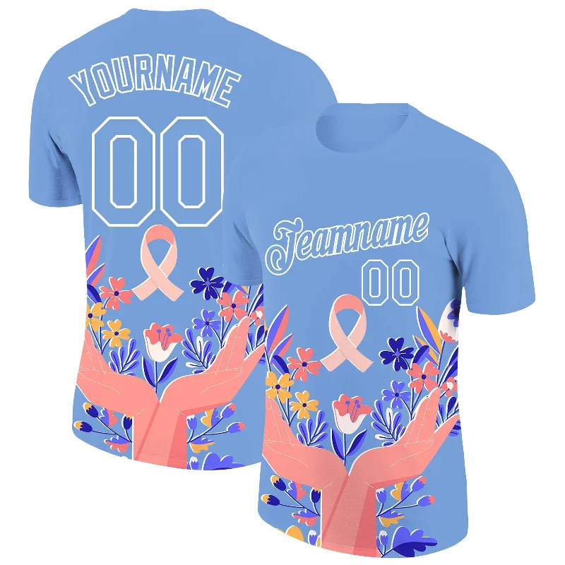 Bright Neon T-Shirt for Bold, Attention-Grabbing Style-Custom Light Blue White 3D Pink Ribbon Breast Cancer Performance T-Shirt