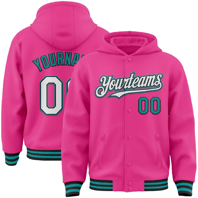 Trendy Oversized Pullover Hoodie for Relaxed Style-Custom Pink Black-Teal Bomber Full-Snap Varsity Letterman Hoodie Jacket