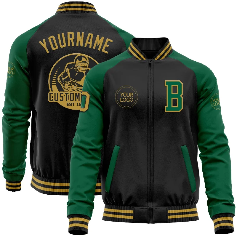 Quilted Down Jacket for Extra Warmth-Custom Black Old Gold-Kelly Green Bomber Varsity Letterman Two Tone Zipper Jacket