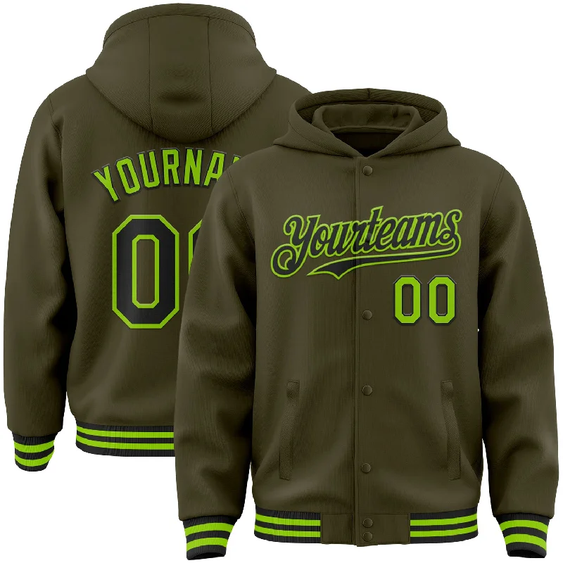 Functional Hoodie for Outdoor Activities-Custom Olive Black-Neon Green Bomber Full-Snap Varsity Letterman Salute To Service Hoodie Jacket