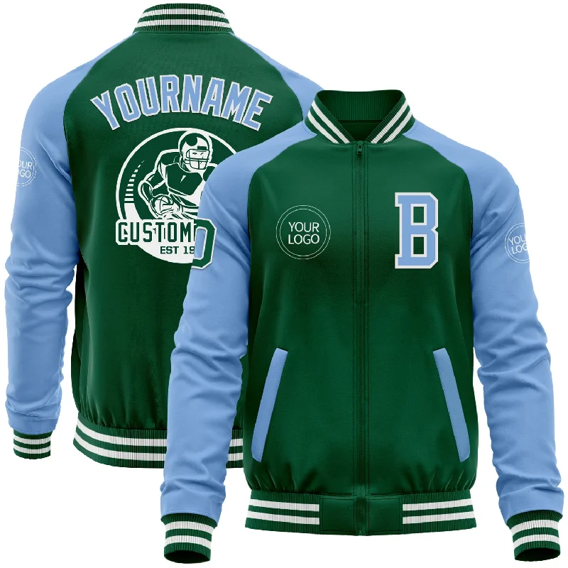 Oversized Jacket for Trendy Comfort-Custom Kelly Green Light Blue-White Bomber Varsity Letterman Two Tone Zipper Jacket