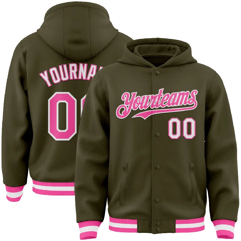 Casual Zip-Up Hoodie for Everyday Wear-Custom Olive Pink-White Bomber Full-Snap Varsity Letterman Salute To Service Hoodie Jacket