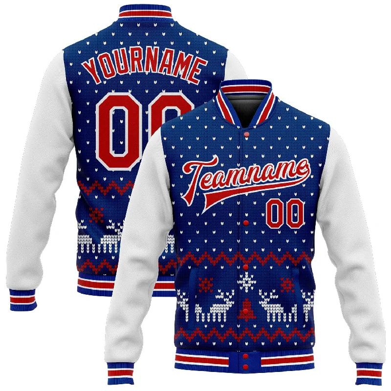 Zip-Front Jacket for Quick and Easy Wear-Custom Royal Red-White Christmas 3D Bomber Full-Snap Varsity Letterman Jacket