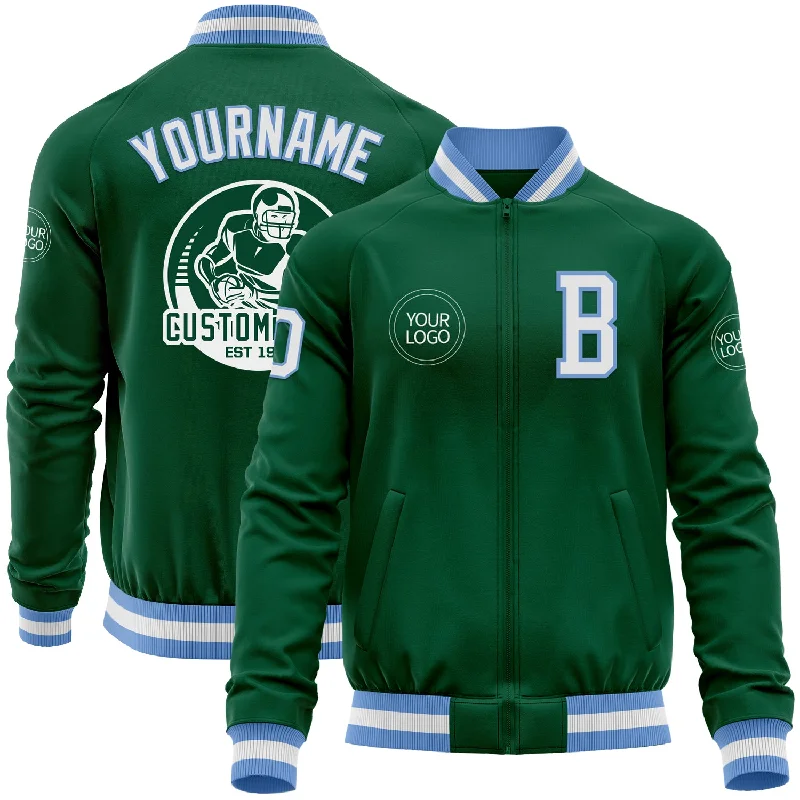 Military Green Jacket for Tough, Outdoorsy Style-Custom Kelly Green White-Light Blue Bomber Varsity Letterman Zipper Jacket