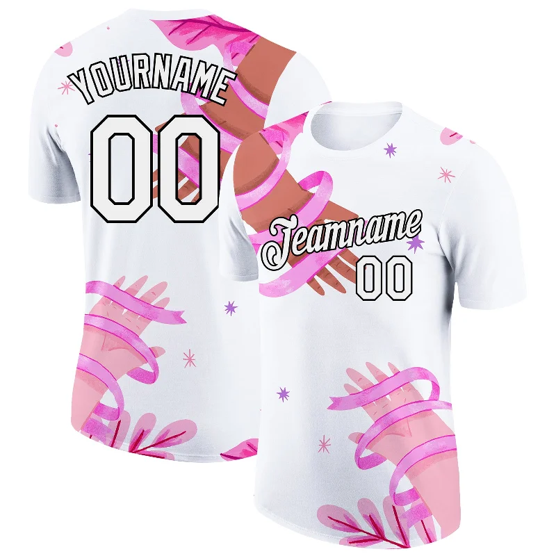 Luxurious Silk T-Shirt for Sophisticated Fashion-Custom White Black 3D Pink Ribbon Breast Cancer Performance T-Shirt