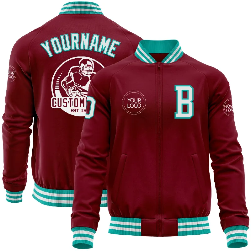 Trendy Quilted Jacket for Chic Comfort-Custom Crimson White-Aqua Bomber Varsity Letterman Zipper Jacket