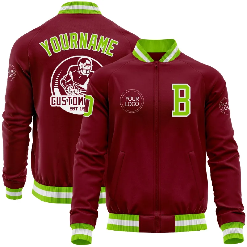 Bomber Style Jacket for Streetwear Fashion-Custom Crimson Neon Green-White Bomber Varsity Letterman Zipper Jacket