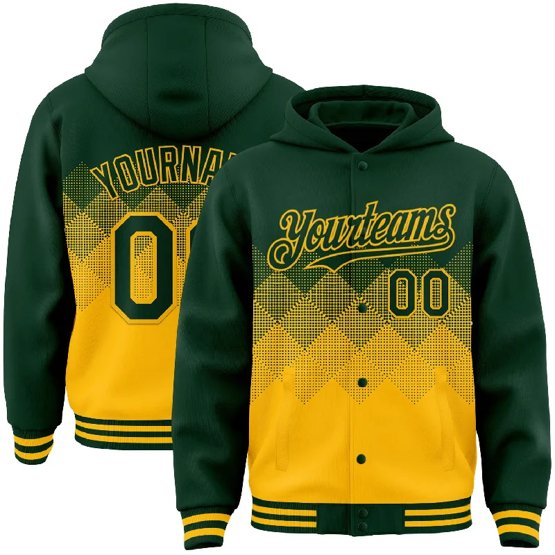 Performance Hoodie for Active Sports and Fitness-Custom Green Gold Gradient Square Shape 3D Pattern Design Bomber Full-Snap Varsity Letterman Hoodie Jacket