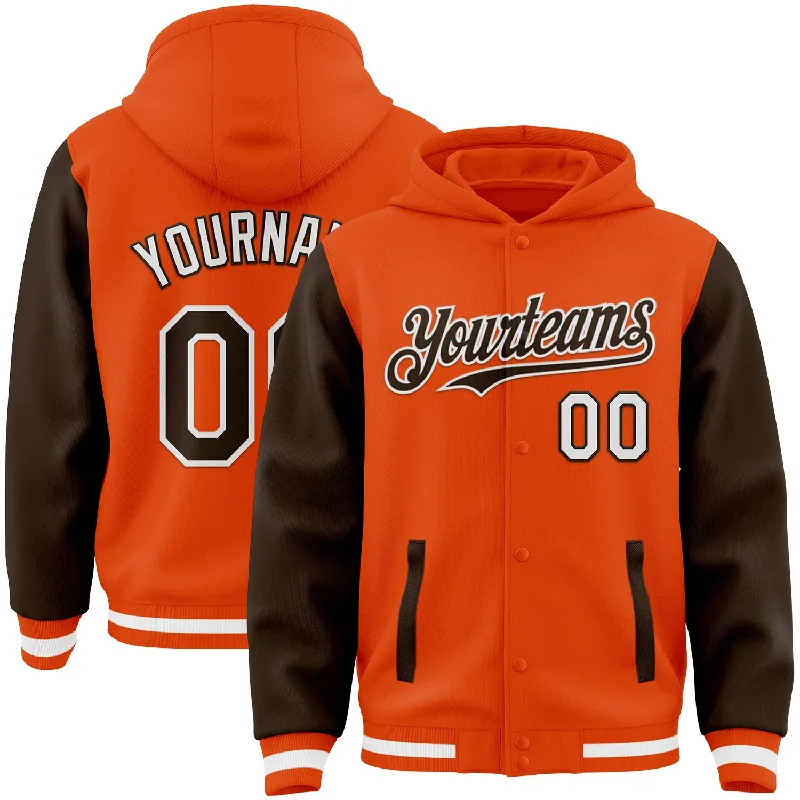 Hoodie with Front Pockets for Practical Wear-Custom Orange Brown-White Bomber Full-Snap Varsity Letterman Two Tone Hoodie Jacket