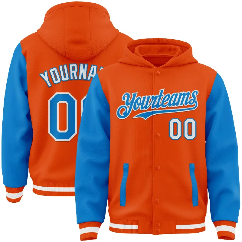 Classic Hoodie with Kangaroo Pocket for Convenience-Custom Orange Powder Blue-White Bomber Full-Snap Varsity Letterman Two Tone Hoodie Jacket