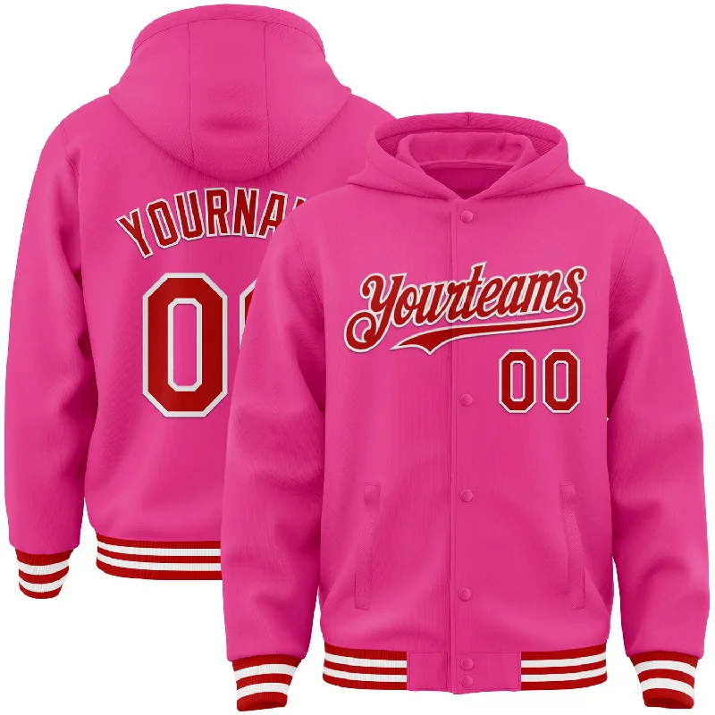 Classic Hoodie with Kangaroo Pocket for Convenience-Custom Pink Red-White Bomber Full-Snap Varsity Letterman Hoodie Jacket