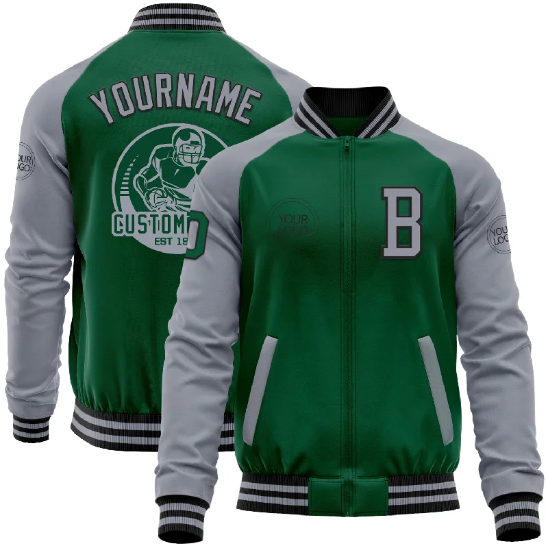 Eco-Friendly Recycled Material Jacket for Sustainability-Custom Kelly Green Gray-Black Bomber Varsity Letterman Two Tone Zipper Jacket