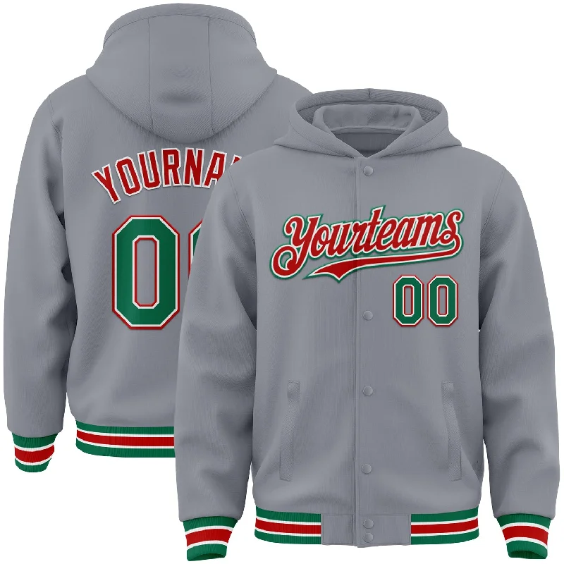 Lightweight Hoodie for Travel and Leisure-Custom Gray Kelly Green-Red Bomber Full-Snap Varsity Letterman Hoodie Jacket