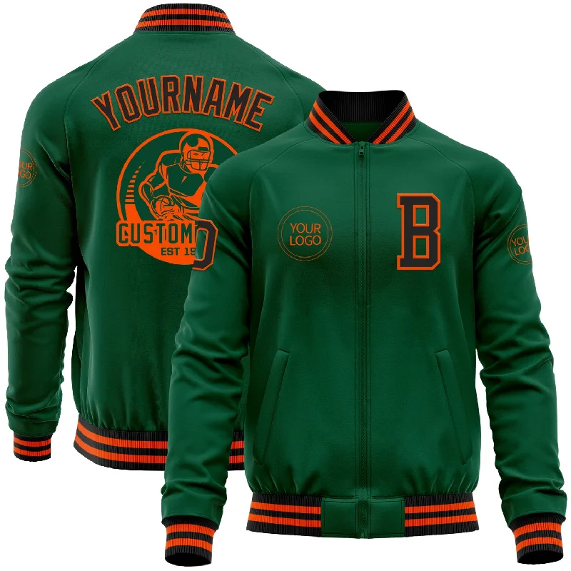 Winter Snowboard Jacket for Cold Weather Sports-Custom Kelly Green Black-Orange Bomber Varsity Letterman Zipper Jacket