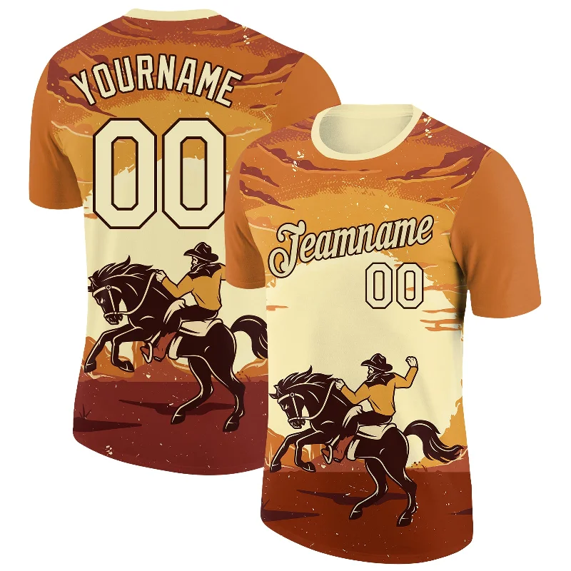 Color Block T-Shirt for Bold Fashion Statement-Custom Orange City Cream-Brown 3D Pattern Design Cowboy Rodeo Performance T-Shirt