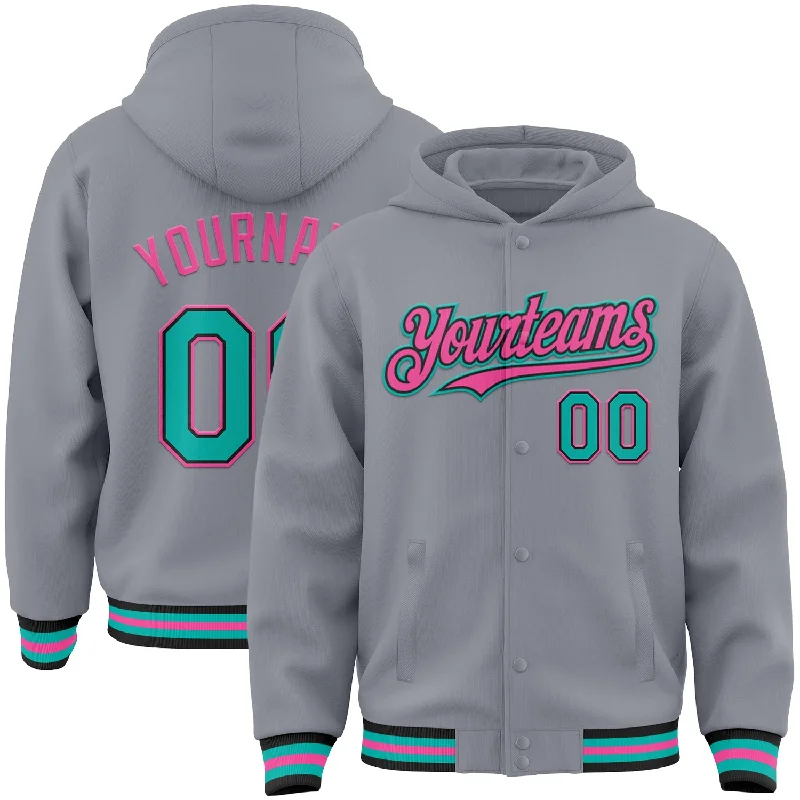 Premium Quality Hoodie for Luxury Comfort-Custom Gray Aqua Black-Pink Bomber Full-Snap Varsity Letterman Hoodie Jacket