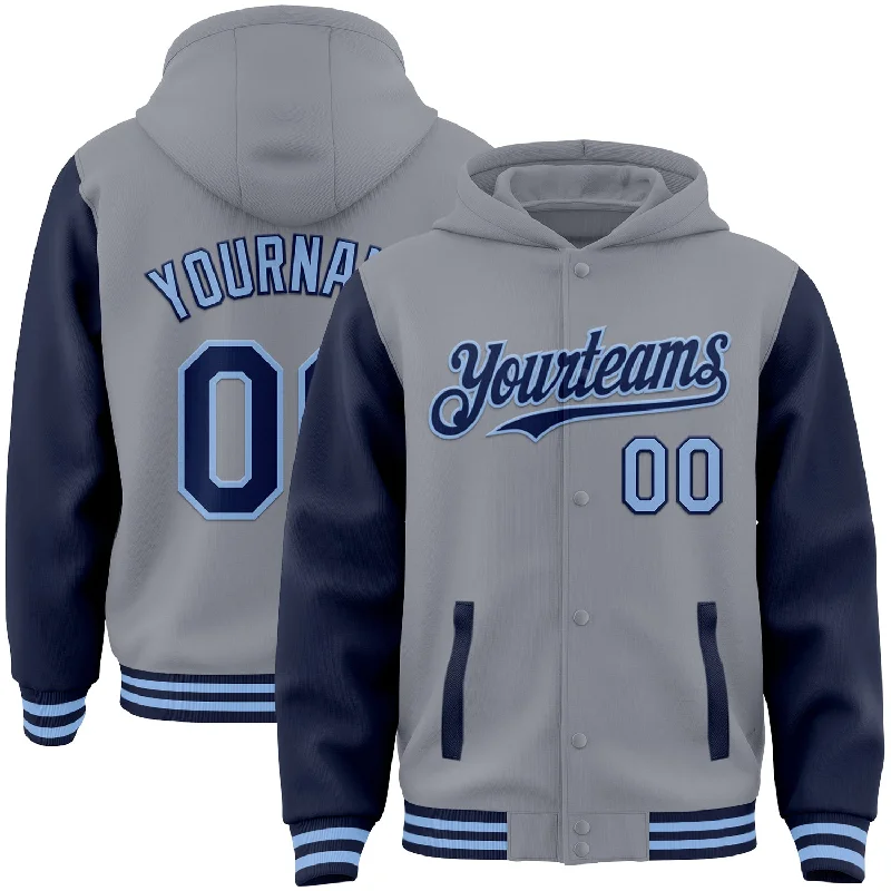 High-Performance Hoodie for Cold Weather Sports-Custom Gray Navy-Light Blue Bomber Full-Snap Varsity Letterman Two Tone Hoodie Jacket