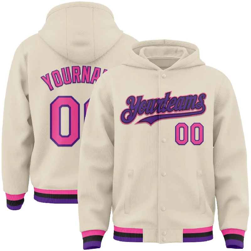 Customizable Hoodie for Personalized Apparel-Custom Cream Pink Purple-Black Bomber Full-Snap Varsity Letterman Hoodie Jacket