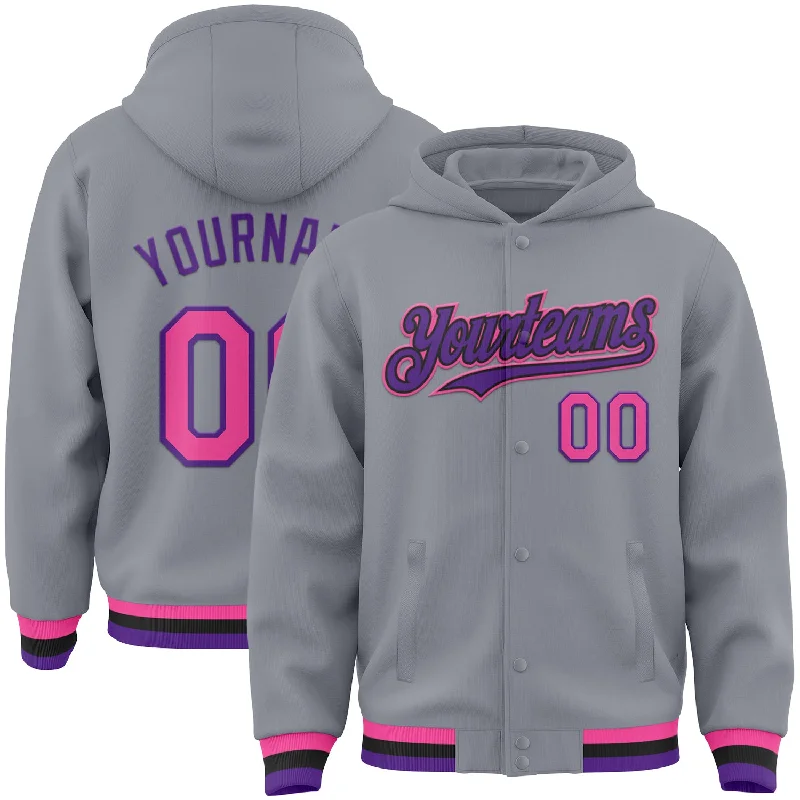 Relaxed-Fit Hoodie for Easygoing Style-Custom Gray Pink Purple-Black Bomber Full-Snap Varsity Letterman Hoodie Jacket