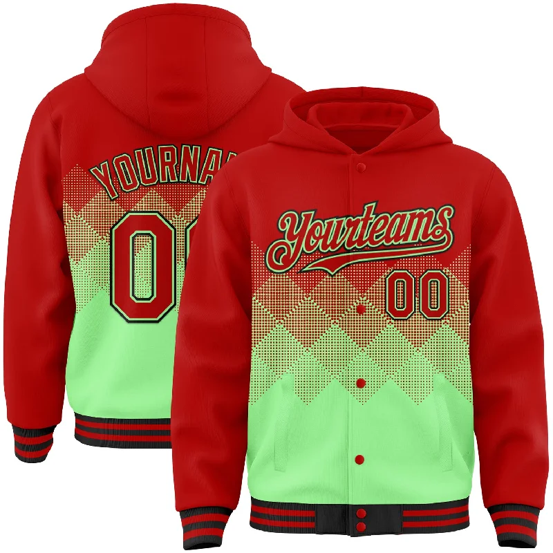 Fashion Hoodie for Trendsetters-Custom Red Pea Green-Black Gradient Square Shape 3D Pattern Design Bomber Full-Snap Varsity Letterman Hoodie Jacket