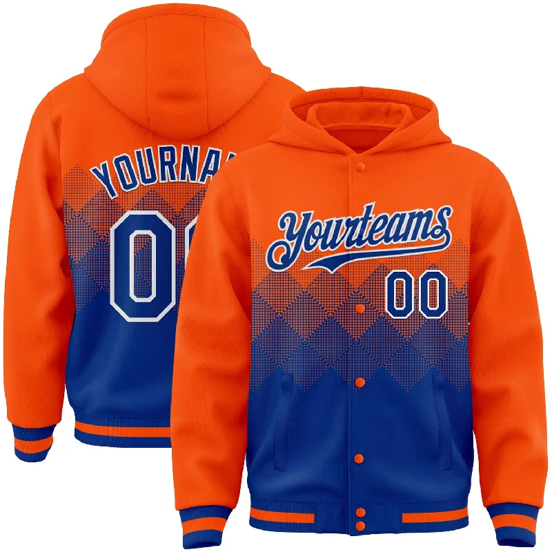 Graphic Hoodie for Bold and Fun Designs-Custom Orange Royal-White Gradient Square Shape 3D Pattern Design Bomber Full-Snap Varsity Letterman Hoodie Jacket