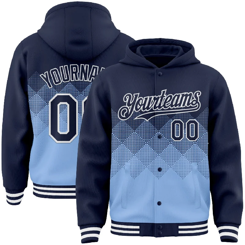 Graphic Print Hoodie for Trendy Style-Custom Navy Light Blue-White Gradient Square Shape 3D Pattern Design Bomber Full-Snap Varsity Letterman Hoodie Jacket