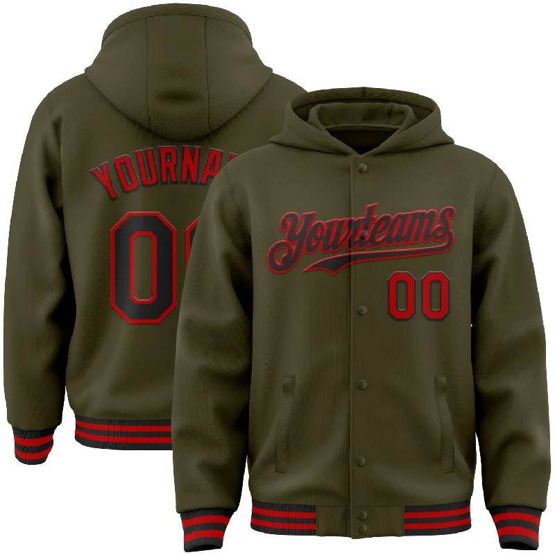 Bold Color Hoodie for Attention-Grabbing Style-Custom Olive Black-Red Bomber Full-Snap Varsity Letterman Salute To Service Hoodie Jacket