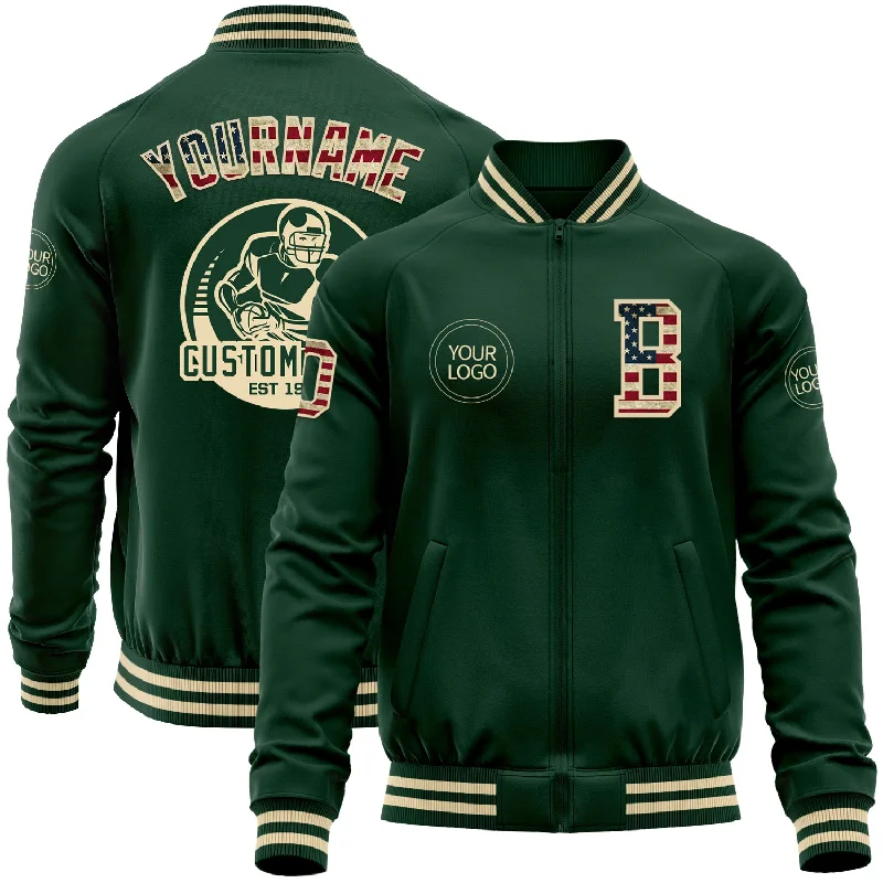 Fashionable Faux Leather Jacket for Modern Wear-Custom Green Vintage USA Flag-Cream Bomber Varsity Letterman Zipper Jacket