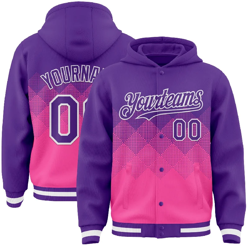 Stylish Zip Hoodie for Fashionable Comfort-Custom Purple Pink-White Gradient Square Shape 3D Pattern Design Bomber Full-Snap Varsity Letterman Hoodie Jacket