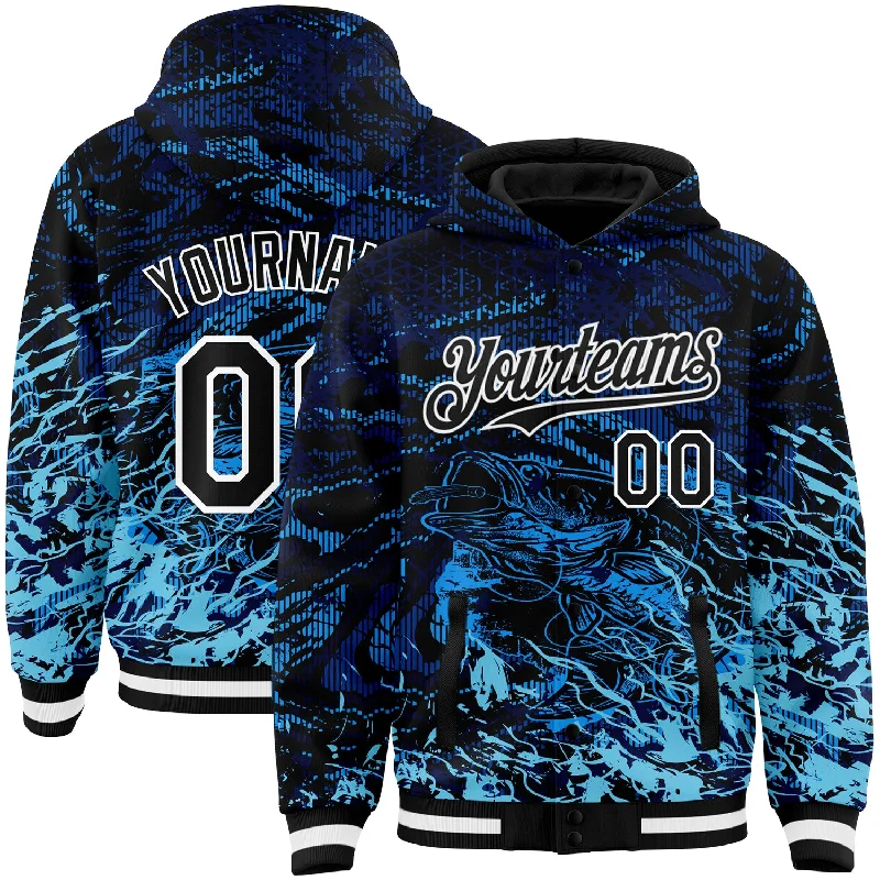 Soft Cotton Blend Hoodie for Extra Comfort-Custom Navy Black-Light Blue Tuna Fish Fishing 3D Bomber Full-Snap Varsity Letterman Hoodie Jacket